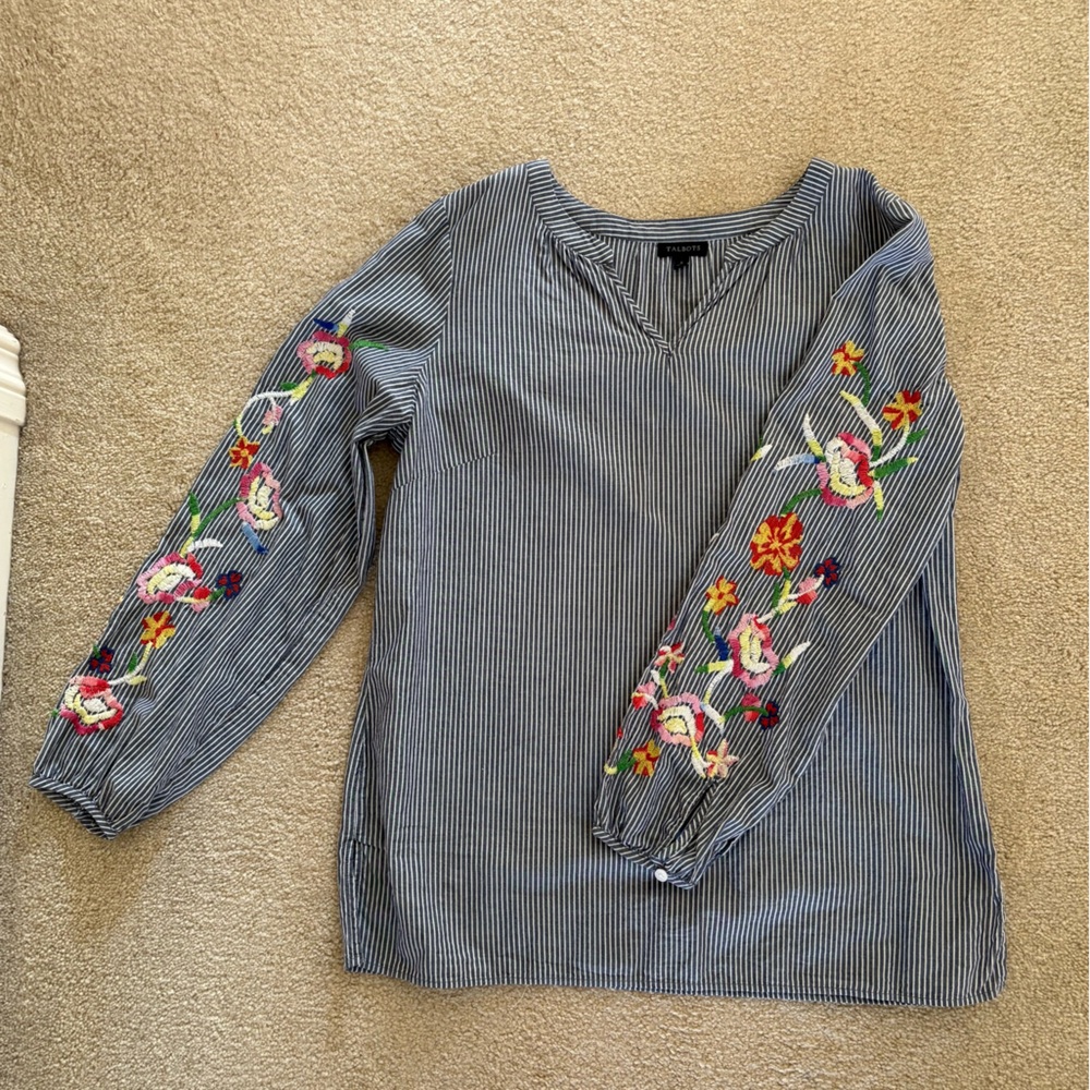 Talbots Blue Striped Top with Floral Embroidery